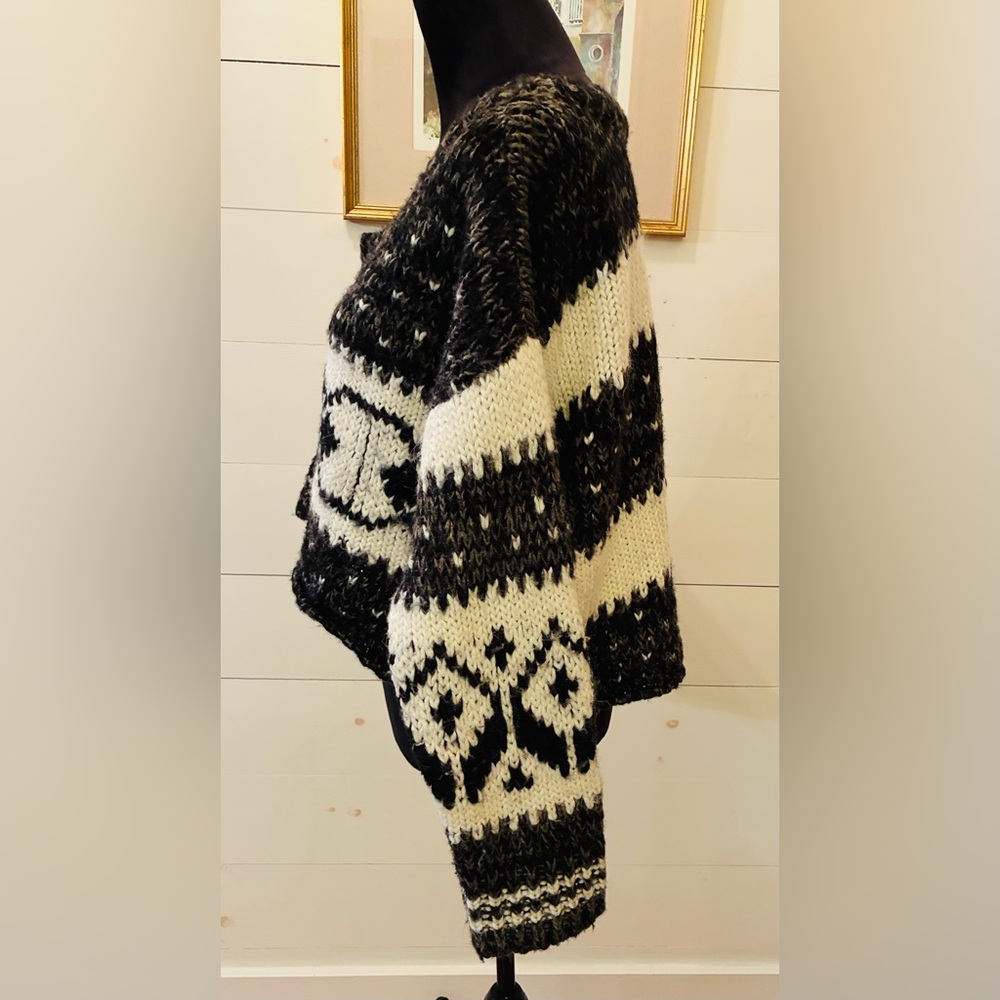 Free People Chunky Fair Isle Cropped Sweater Black Ivory Boho Cozy Knit Size M - Picture 3 of 9